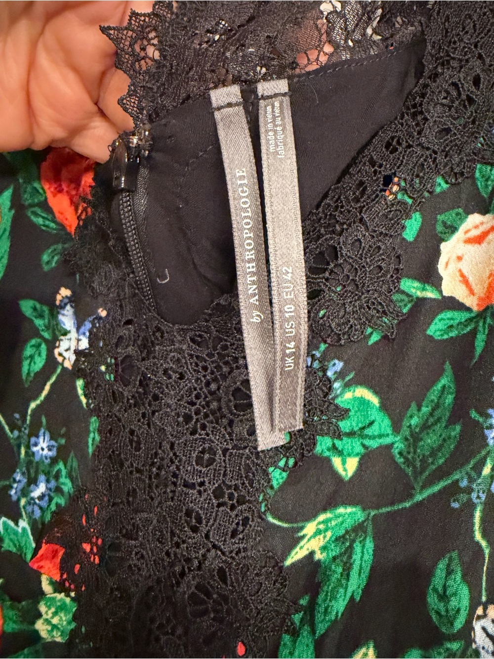 Anthropologie Black Floral Lace-Trim Long Sleeve Dress - Picture 6 of 8